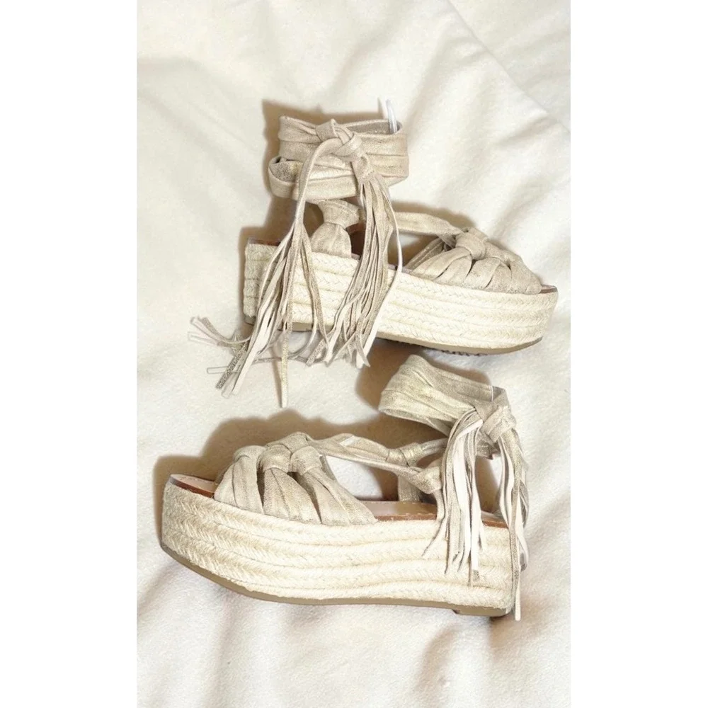Sigerson Morrison Cosie Gold Metallic Suede Platform Espadrille Sandals 7 NWOB
